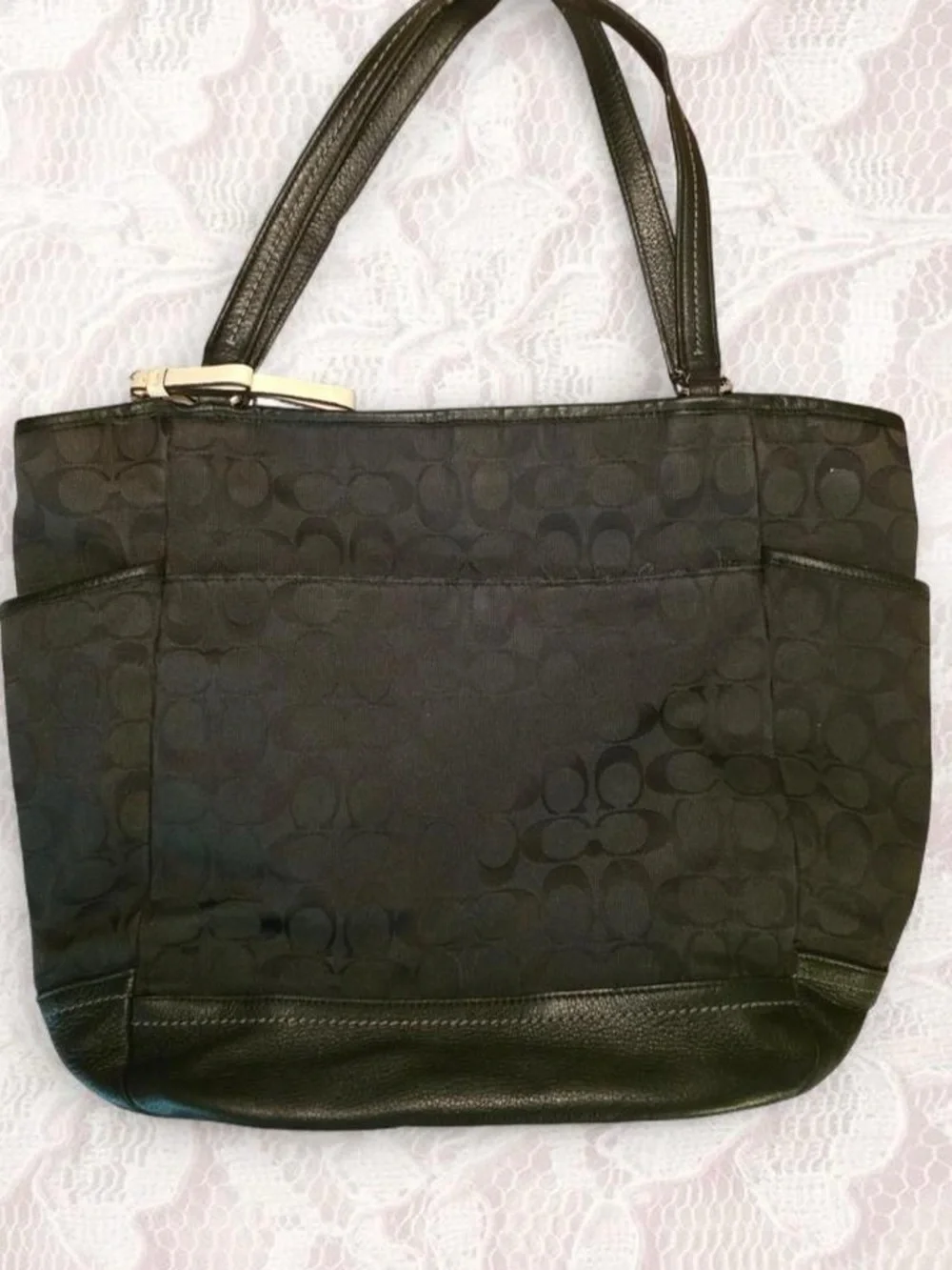 Coach Park Signature Carrie Jacquard Canvas Leather Tote Bag Black